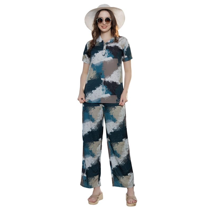 trylo Riza Rayon Fabric Short Sleeves Collar Neck Printed Top And Palazzo Night Suit Set/NS-2143-picture-14