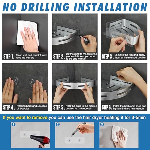 GRICOL Estante de ducha esquinero de metal sin taladrar con 2 ganchos para soporte de ducha, a prueba de óxido, artículos de baño autoadhesivos (plateado) - imagen 4