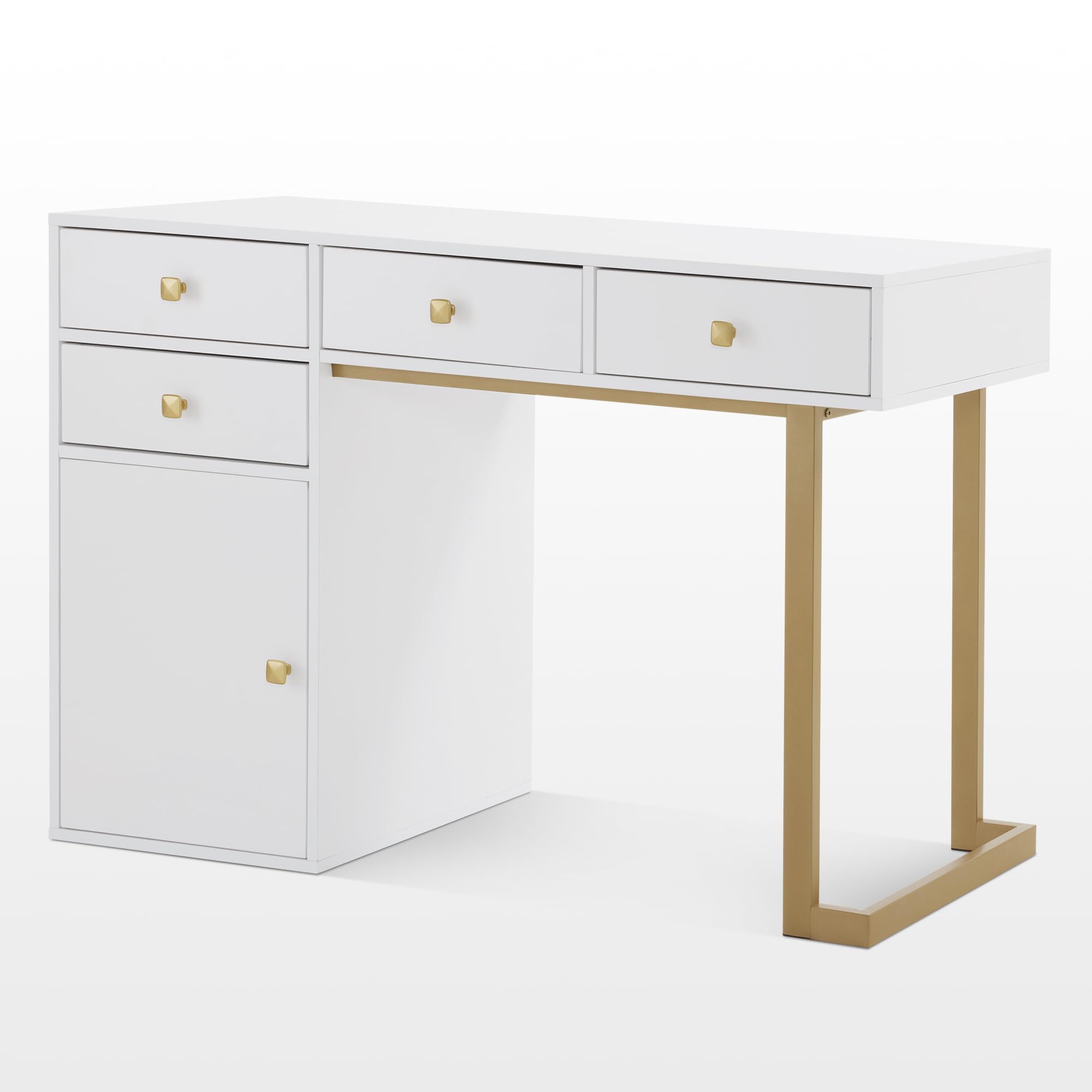 BarberPub Beauty Manicure Table with Storage Drawers, Nail Salon Desk for Nail Tech, Makeup Station with Round Handles, Beauty Equipment with Display Open Space 2990 (White&Golden)
