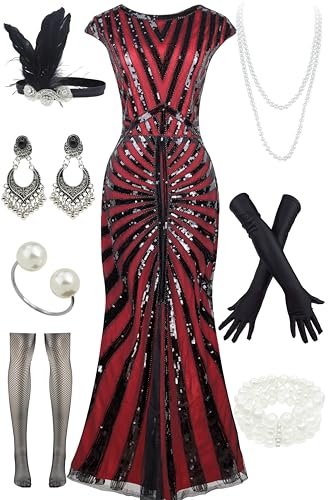 Image of Women Evening Maxi Long Dress 1920s Sequin Mermaid Hem Wedding Prom Gown Costume w / 20s Gatsby Accessories Set