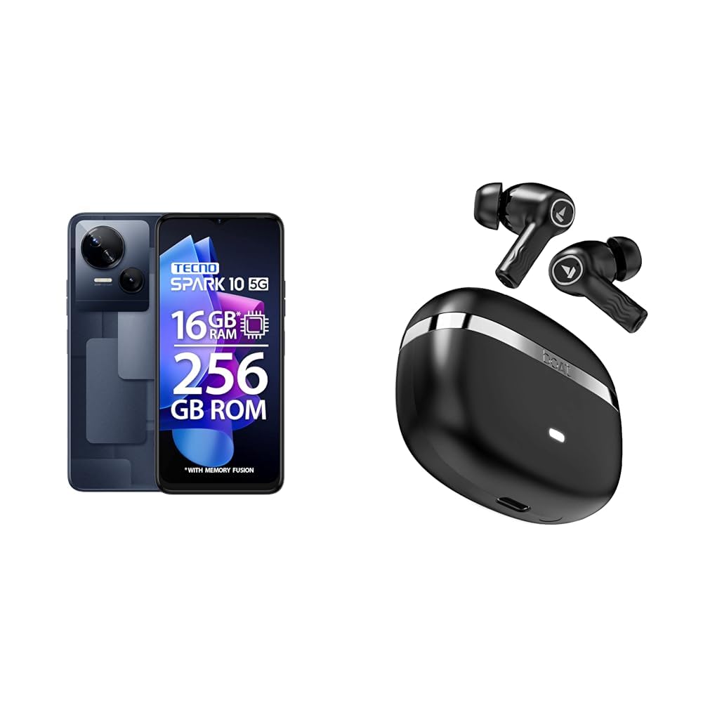 Tecno Spark 10 5G (Meta Black, 8GB RAM,256GB Storage)|1 & Boat Nirvana Ion with 120 Hrs Playb