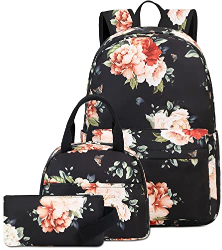 Ledaou Backpack For Girls School Bag Kids Bookbag Teen Backpack Set Daypack With Lunch Bag And Pencil Case (Black - Floral) #TOP12