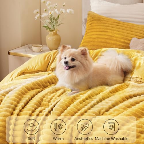 BEDELITE Fleece Full Comforter Set -Super Soft & Warm Fluffy Mustard Yellow Bedding, Luxury Fuzzy Heavy Bed Set for Winter with 2 Pillow Cases