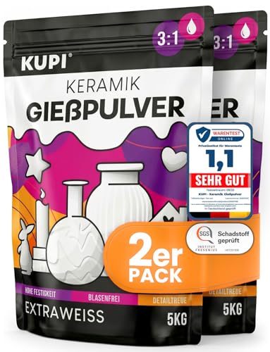 KUPI Keramik Gießpulver Weiß 10kg | Gips zum Gießen Lufthärtend & Geruchlos | Gießmasse für Silikonformen | Reliefgießpulver Weiß Keramikpulver Gipspulver 3/1 mix