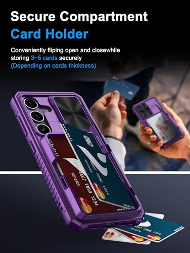 Image of Vihibii for Samsung Galaxy S24 Back Cover with Card Holder (4 Cards) & Slide Camera Cover & Kickstand, Shockproof Rugged Hard Back & TPU Soft Edge Case for Galaxy S24, Dark Purple
