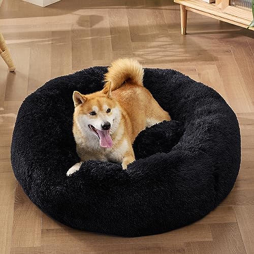 Image of Bedsure Calming Dog Bed for Medium Dogs - Donut Washable Medium Pet Bed, 30 inches Anti-Slip Round Fluffy Plush Faux Fur Cat Bed, Fits up to 45 lbs Pets, Black
