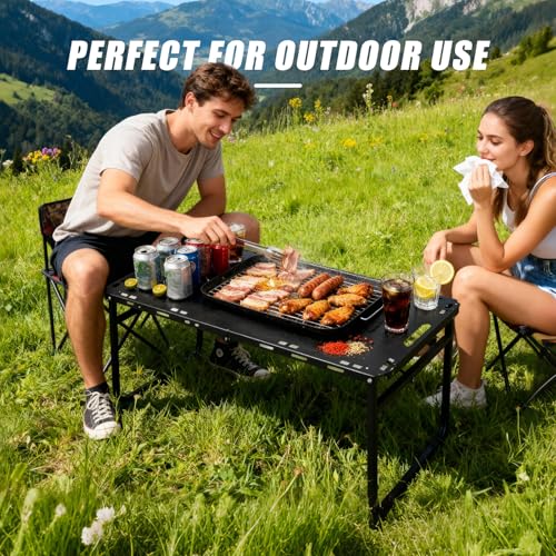 Table pliante portable et basse de camping en métal noir avec sac