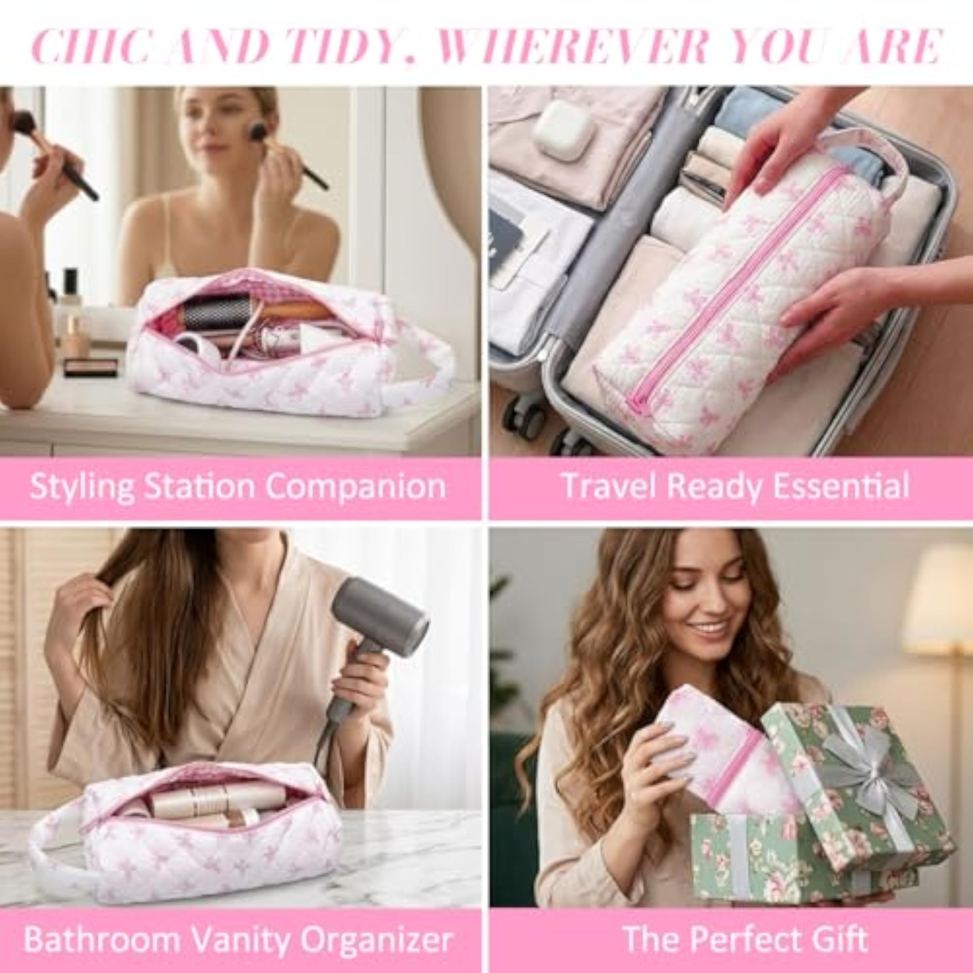 Quilted Hair Dryer Storage Bag, Zipper Closure