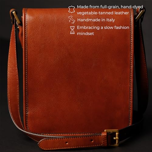 Image of Time Resistance Italian Leather Messenger Bag for Men - Full Grain Leather Men's Crossbody Bag - Tablet Sized Shoulder Bag