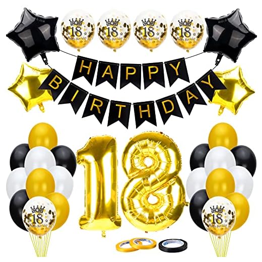 18-årsdag dekoration svart guld, 18-årsdagen dekoration, 18-års födelsedagsdekoration, 18-årsdag fest dekoration med Happy Birthday Banner konfetti ballonger hjärta folieballonger för flickor pojkar fest