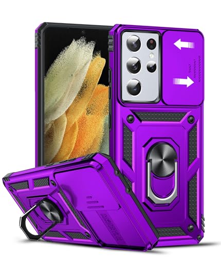 LeYi for S21-Ultra Phone Case: Silde Camera Cover + Ring Stand, Purple