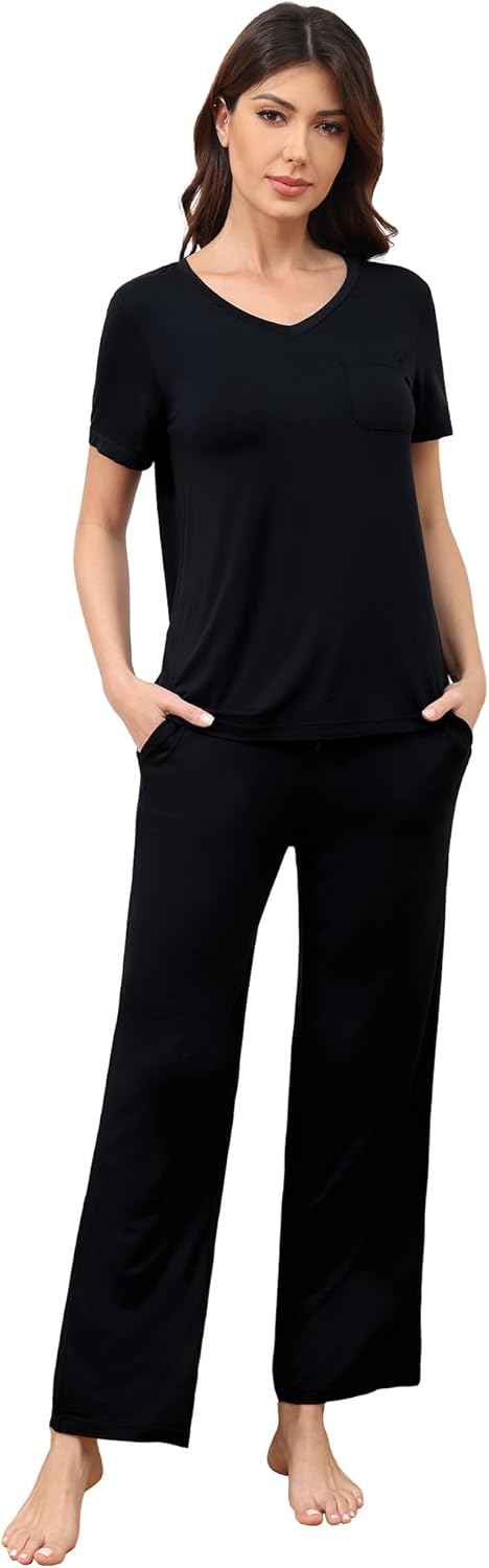 Women's Bamboo Viscose Pajama Set Soft Short Sleeve V-Neck Top and Pants Sleepwear with Pockets Loungewear S-XXL