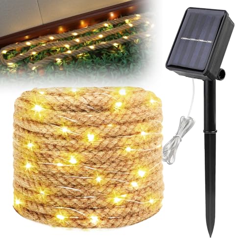 PORFOYO Guirnaldas Luces Exterior Solar, 7M 100 LED Cuerda De Cáñamo Solar Para Exteriores, Cuerda De Luce Solares, Luces Solares Led Exterior Guirnalda Exteriors Para Jardín Fiesta Boda Pabellón