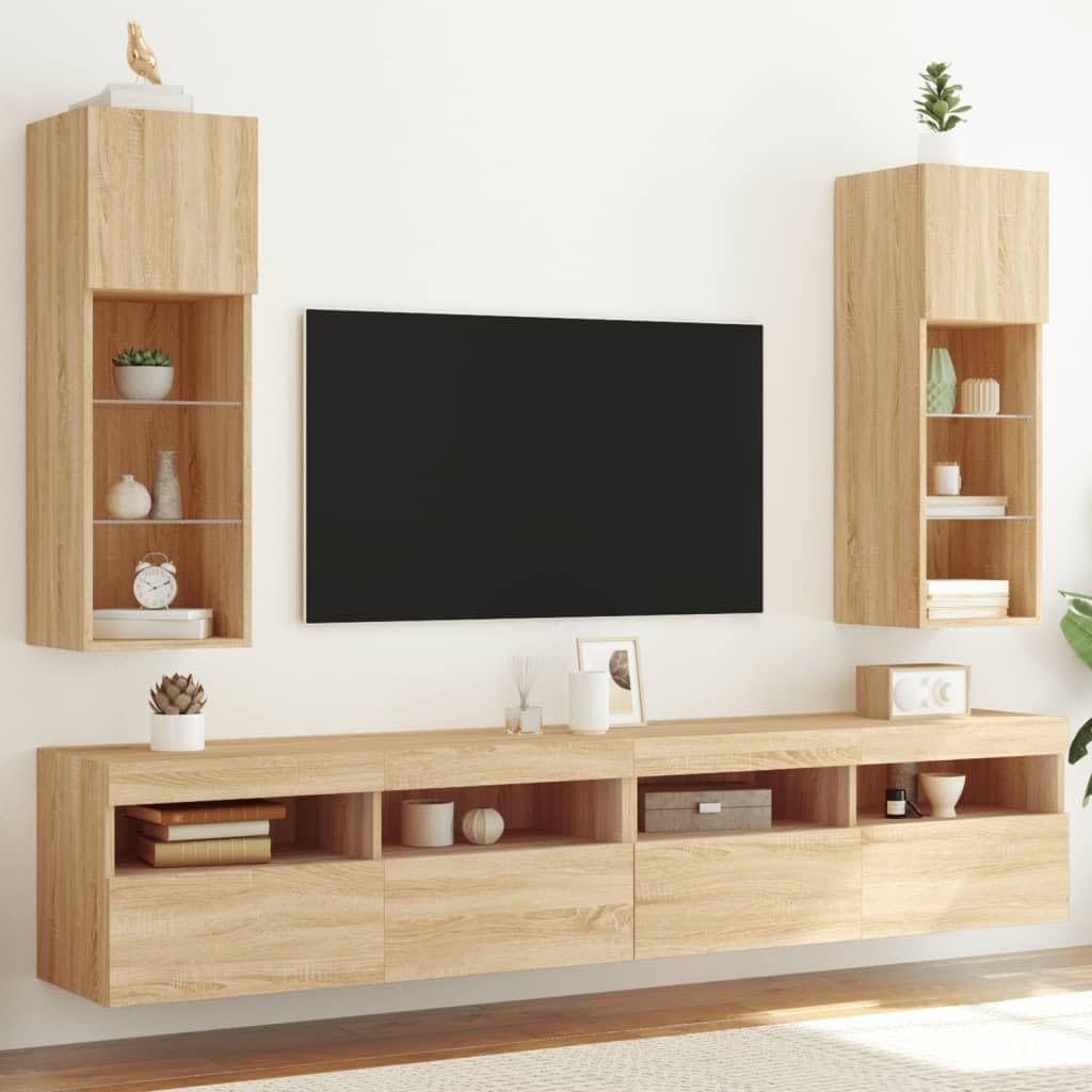 Supporto TV con Luci a LED, Legno Composito, Mobile TV a Parete con Ante e Divisori in Vetro per Lettore DVD, Dischi e Altri Piccoli Oggetti (30,5×30×90 cm)
