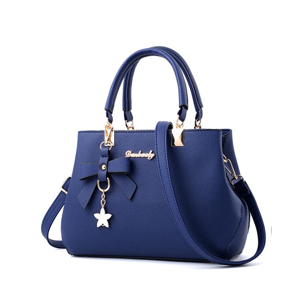 SMALLBLUER Top-handle Handbags Purse for Women Small Satchel PU Leather Shoulder Crossbody Bag with Bowtie Pendant-Blue