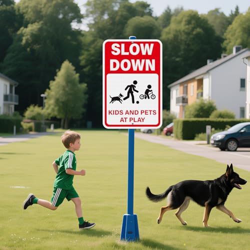 2 pack slow down signs kids and pets at play warning sign 18 x 12 inches high reflective weatherproof aluminum safety alert signage with pre-drilled holes for street driveway neighborhood