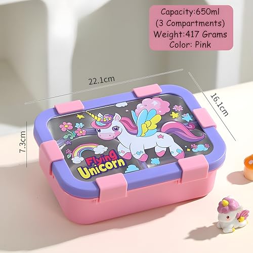 Image of Kids Tiffin Box Stainless Steel Lunch Box for School Boys & Girls | Leakproof Bento Lunch Box with 3 Compartments | Food Grade 304 Steel | Lunch Box for Kids School, Snacks & Office Use 650ML