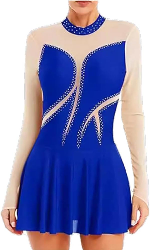 Ladies Ice Skate Dance Costume Long Sleeves Rhinestones Gymnastics Leotard Skating Skirt Lady's Ballerina Outfits