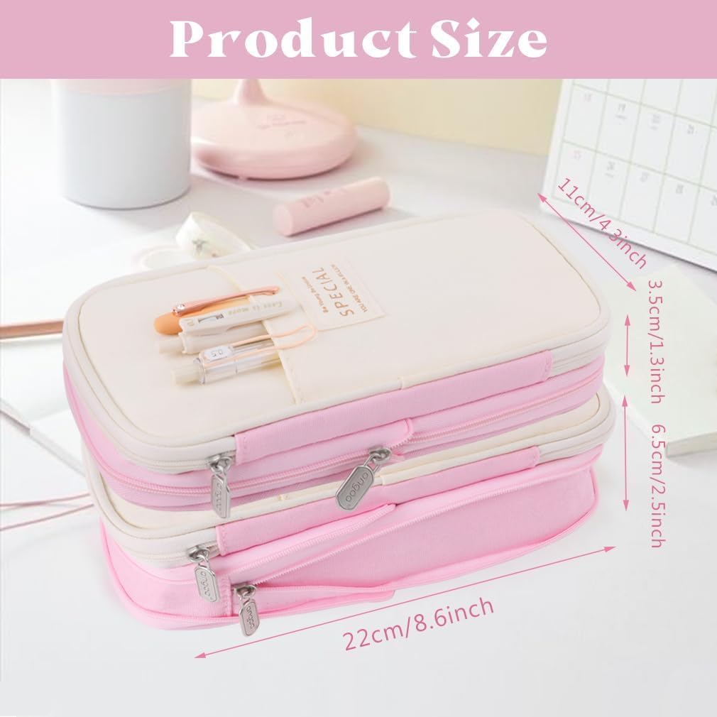 FASTUNBOX (LABEL) Large Capacity Pencil Case – Canvas Expandable 4-Compartment Organizer, Travel Makeup & Stationery Pouch with Zippered Base, Holds 50-60 Pens – Durable Gift Bag (Pink - Beige) 4