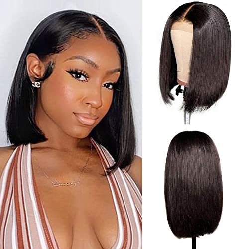 DÉBUT Straight Bob Wigs Human Hair T Part Lace Front Bob Wig Pre Plucked with Baby Hair 150% Density Brazilian Virgin Hair for Black Women(10 Inches