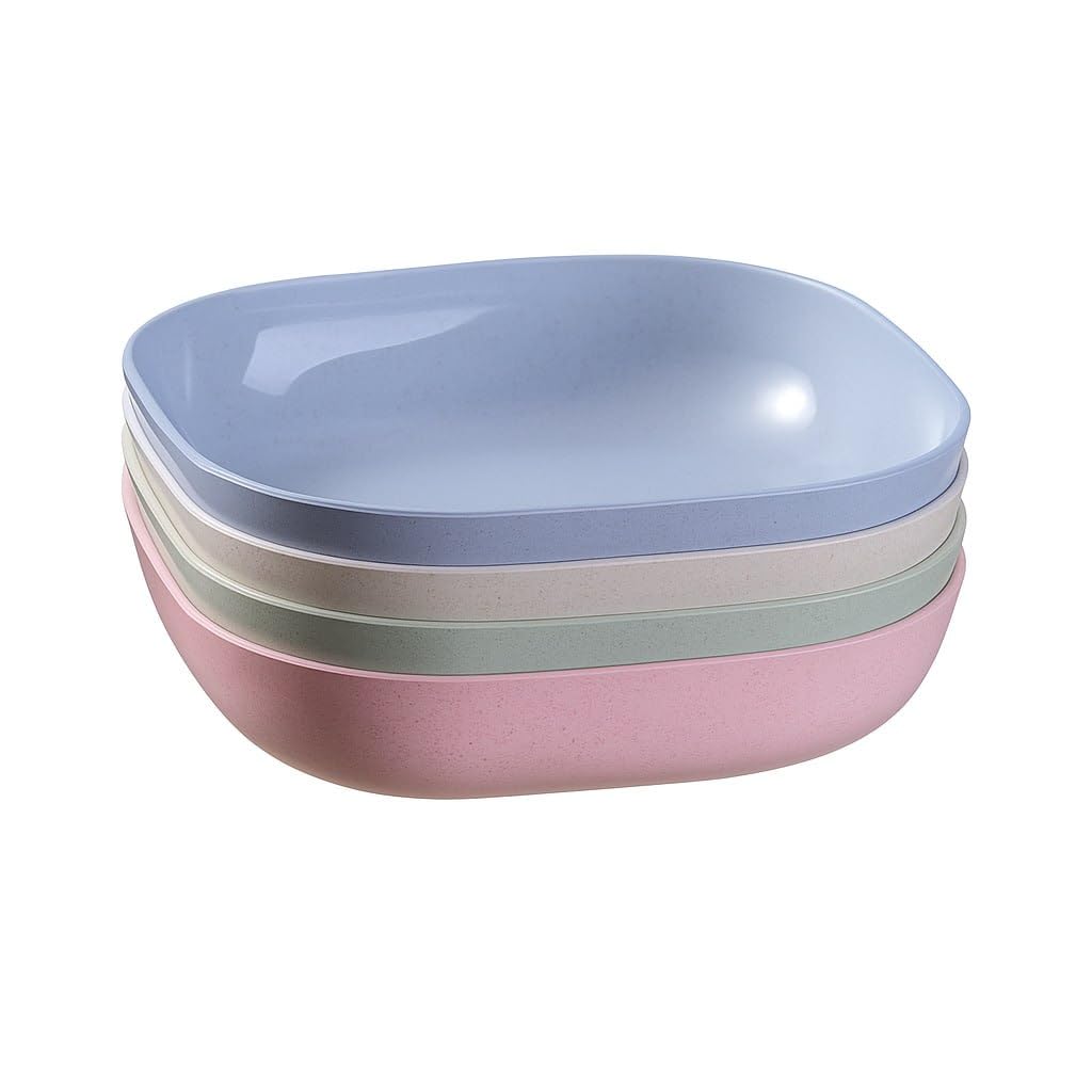 7Seas 4Pcs Lightweight Wheat Straw Cereal Plates - Unbreakable, Dishwasher Safe & Microwave Safe 14.5Cm Square Deep Plates for Snacks, Noodles, Fruits, Pasta & Breakfast - Multicolor (6)