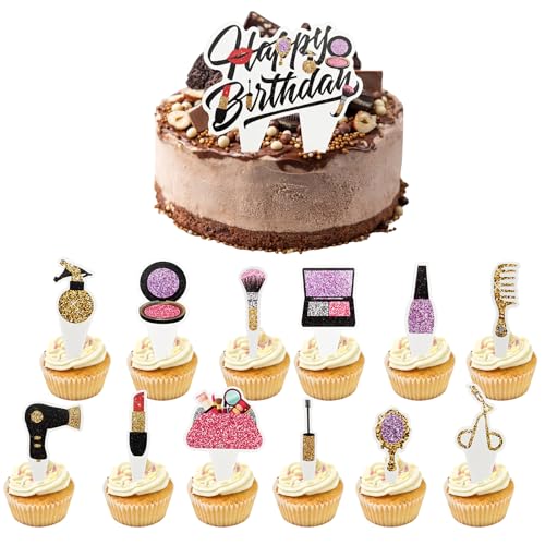 Maquillaje Topper De Cupcake, 13PCS Temática de Cosméticos Decoración De Tartas Brillo Lápiz Labial Rímel Cake Topper para Cumpleaños De Niñas Boda Bridal Shower Adorno Torta De Maquillaje