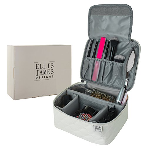 Ellis James Designs Travel Makeup Bag Train Case Organizer - Cream- 2-in-1 Cosmetic Bags for Make Up and Nail Polish Cases - Large Cosmetics Bag for Women with Compartments, Handle and Brush Pockets