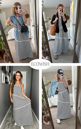 Image of ECOWISH Women Sleeveless Maxi Dress: Summer Spaghetti Strap Casual Loose Boho Beach Dress Asymmetric Tiered Flowy Long Dress
