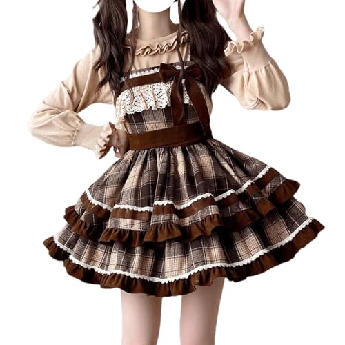 Cuteighteen Lolita Juniors Vestidos para adolescentes, preppy vintage, a cuadros, kawaii, lazo, encaje, princesa, con volantes, sin mangas, Marrón, M