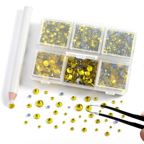 Image of BEADSLAND Hotfix Rhinestones, 4000 PCS Lemon Yellow Rhinestones for Clothes Crafts Mixed 6 Sizes with Wax Pencil and Tweezers Kit, SS6-SS30,Citrine