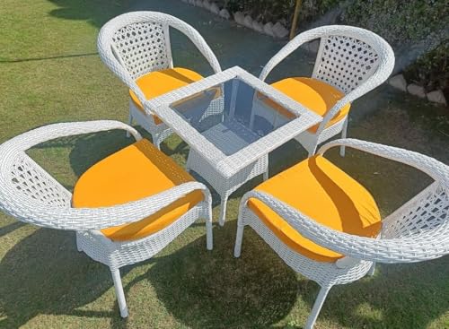 Image of PRATHAM India Patio 4+1 Furniture Set Bistro Set Porch Backyard Garden Outdoor Furniture Rattan Chairs and Table Wicker Conversation Set (White with Black Lines, Yellow Cushion 4+1 Square Table)