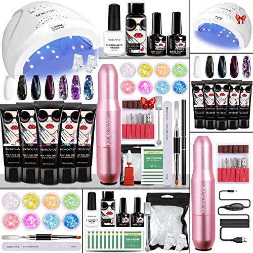 Morovan Poly Gel Nail Kit with Lamp and Drill - Poly Nail Gel Extension Kit with Light 48W for Beginners Gel Kit with Everything Poly Nail Gel Kit Slip Solution Nail Art Supplies