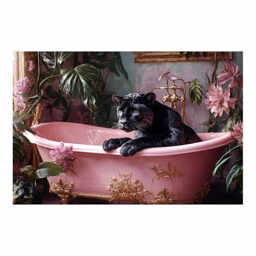 Toile murale panthère dans une baignoire rose poster animalier 70x100cm