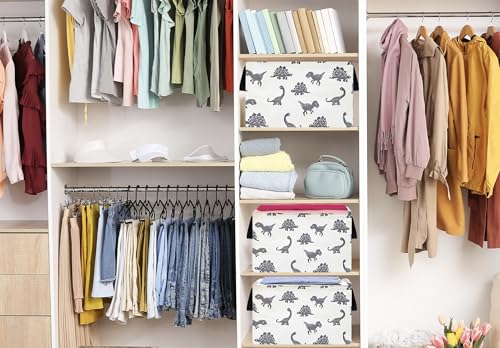 Image of Baby Storage Basket Nursery Box Laundry Hamper Organization Bins for Toys and Clothes with Handles (Grey Dinosaur)