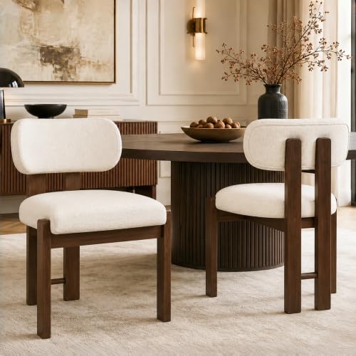 ModernLuxe Dining Chairs Set of 2, Solid Wood Kitchen Chairs with Soft and Breathable Bouclé Upholstery, Ergonomic Seat and Backrest, Classic Design for Home, Restaurant or Café, Walnut Wood Colour