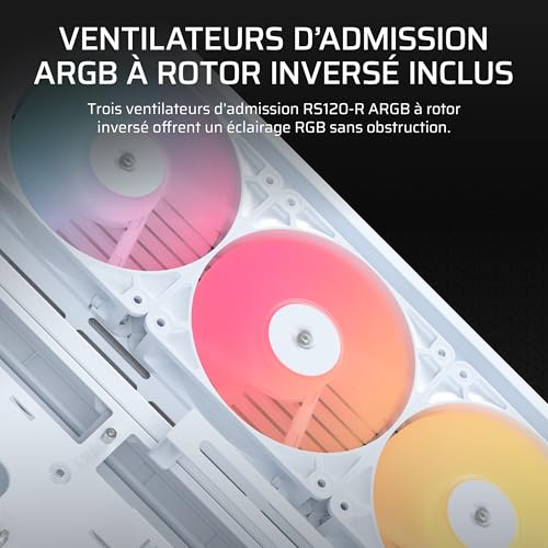 Corsair Frame 4500X RS-R ARGB Boîtier PC Moyen-Tour en Verre panoramique – Système de Fixation du Ventilateur InfiniRail, Peut accueillir Deux radiateurs de 360 mm, 3X Ventilateurs RS120R – Blanc