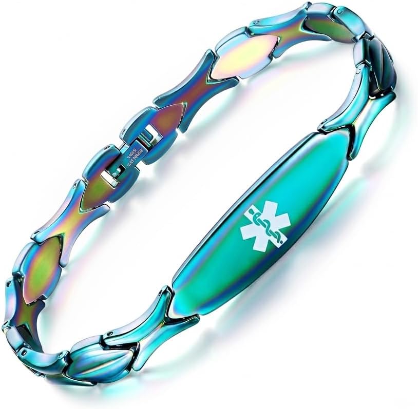 LinnaLove Medical Alert Bracelet - Custom 316L Stainless Steel, Waterproof | Aurora Green Medical id bracelet for women with Free Customize Engraving
