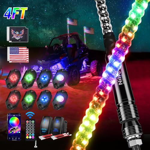 Image of Nilight 2PCS 4FT RGB LED Whip Light and 8 PCS Rock Lights Combo, Remote & App Control w /DIY Chasing Patterns Stop Turn Reverse Safety Antenna Lighted Whips for ATV UTV