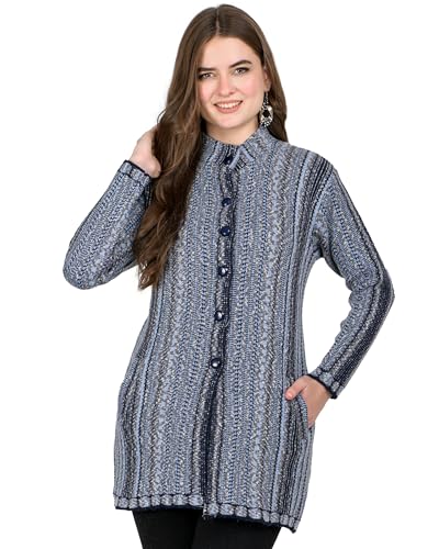 Image of LADYWILLINGTON Women Woolen Long Coat Warm Fabric Cardigan Winter Wear Pure Wool Thick Sweater For Women 100% Rainbow Wool Free Size Cotty With Side Pockets