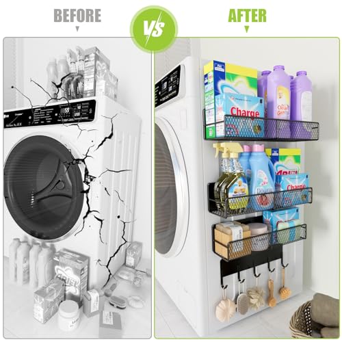 4 Pack Magnetic Shelves for Washing Machine, Heavy-Duty Magnetic Laundry Organizer with Hooks, Washing Machine Shelf for Refrigerator, Metal Storage Baskets, Closet & Laundry Room Organization(Black)