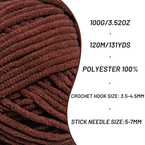 Image of 3 Packs Plush Chenille Chunky Crochet Yarn - Baby Yarn for Crocheting Soft - Velvet Yarns Knitting for Blankets Crafts - Fluffy Amigurumi Yarns 300g / 393yd (3 Dark Coffee)