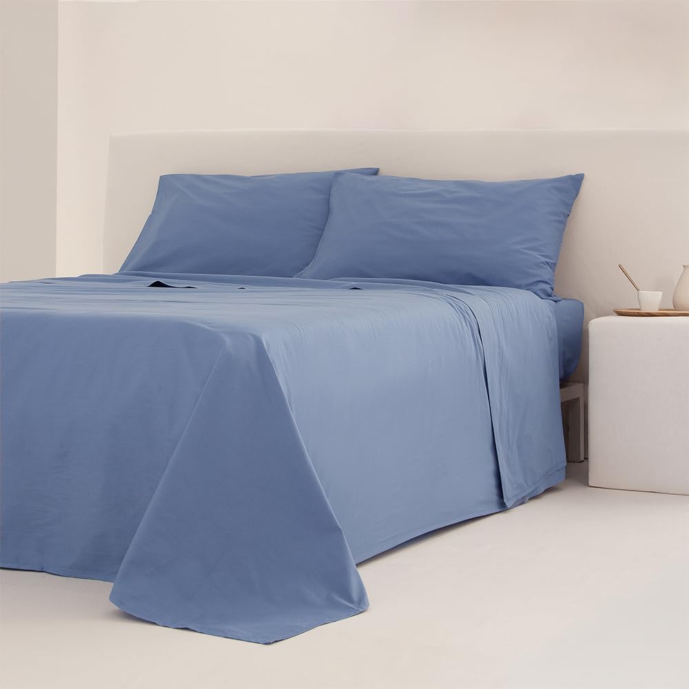COTTON ARTean Juego de sábanas Cama 160x190 / 200 Percal Algodón 200 Hilos Noa Azul 4 Piezas