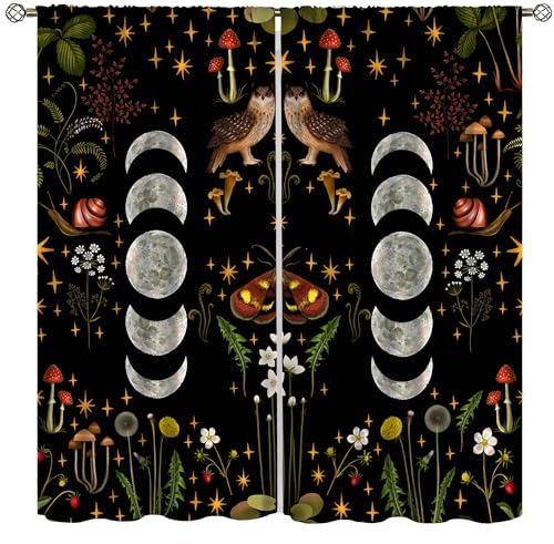 wlsgdsg Boho Moon Phase Curtains for Bedroom,Vintage Old Rustic Nature Plant Moon Phase Flower Star Moth Owl Mushroom Window Drapes for Kids Boys Girls Living Room Kitchen 42x45in（No Blackout）