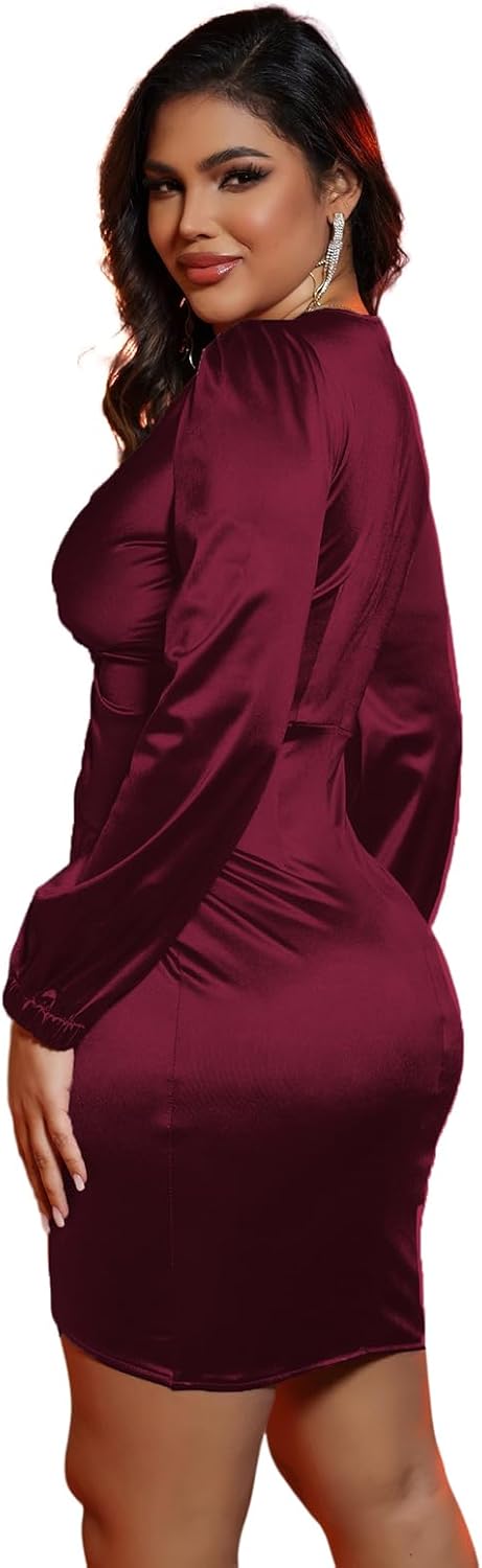 FairyLove Women's Elegant Empire Waist Long Sleeve Wedding Guest Party Cocktail Bodycon Irregular Satin Dresses - Image 3