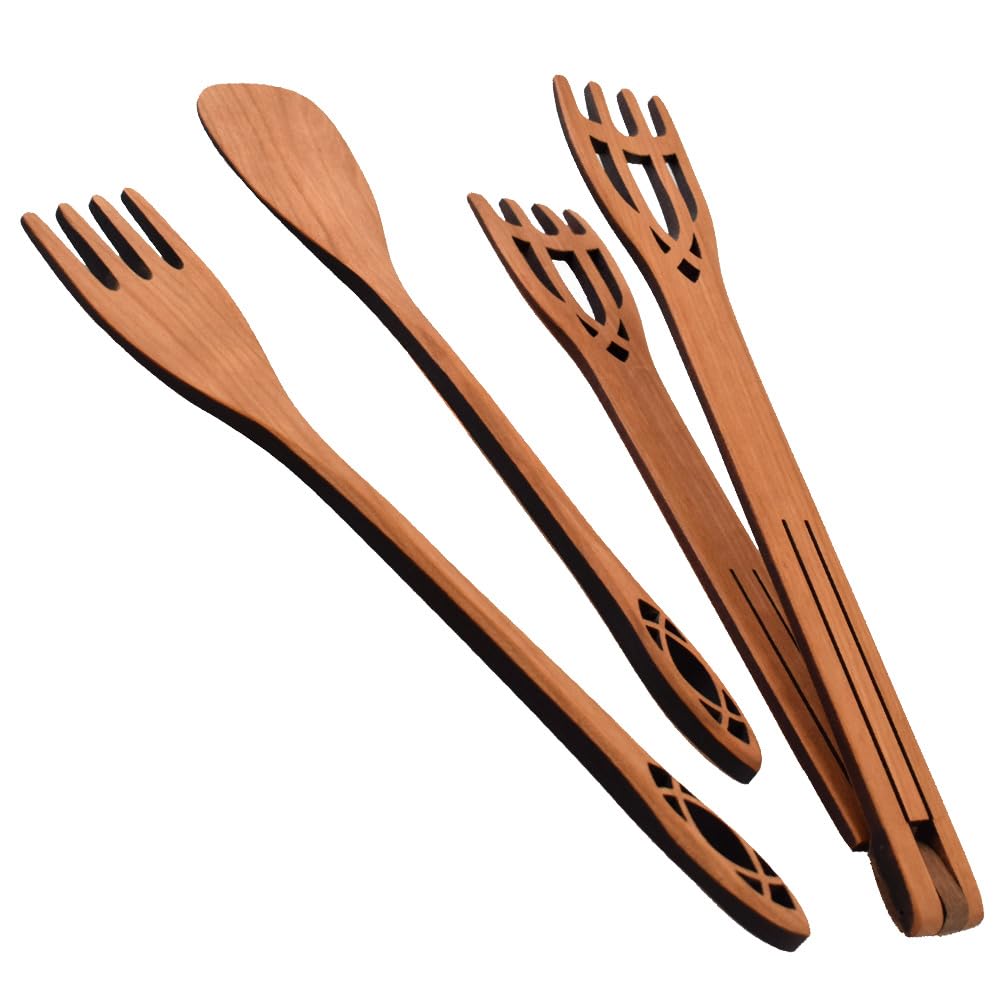 American Made 3-Piece Wild Cherry Wooden Utensil Serving Set, Cathedral Collection: Salad Servers, Tongs, Pasta Fork