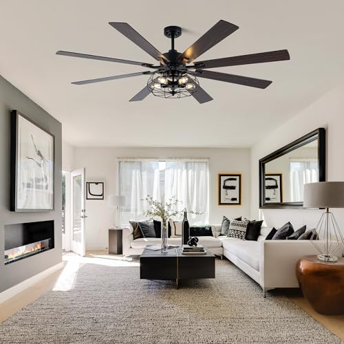 Image of 72 Inch Ceiling Fans with Lights Black Farmhouse Ceiling Fan with Remote for Living Room Large Caged Chandelier Fan 5*E26 Bulbs 6 Speed Reversible Quiet DC Motor Wood Blades (NO Bulbs)