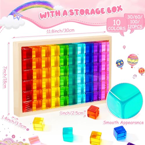 Image of Meooeck 100 Pcs Colored Acrylic Gem Cube Blocks, Translucent Rainbow Building Stacking Sensory Train Toy with Wooden Storage Box for Toddler Kid Montessori School Classroom (Cube)