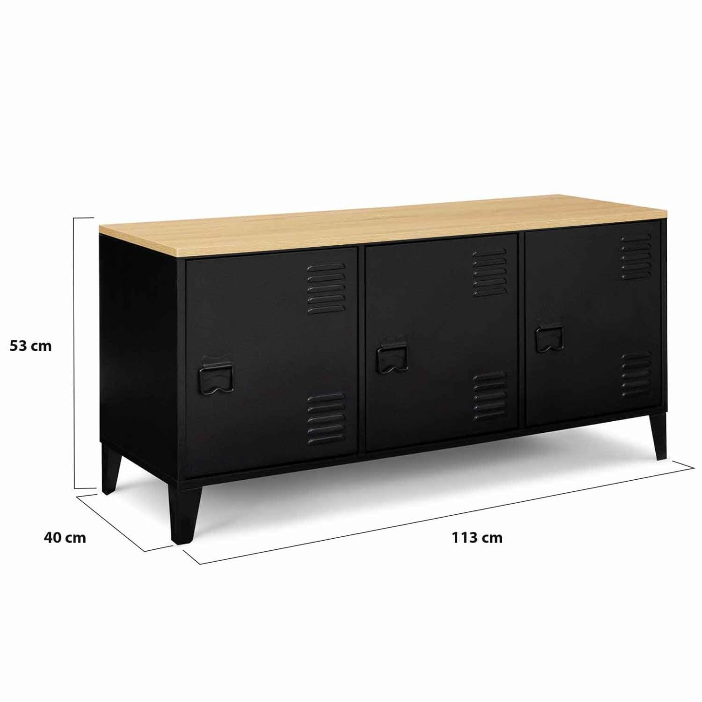 IDMarket – Aparador bajo 113 cm Ester 3 puertas metal negro bandeja madera diseño industrial