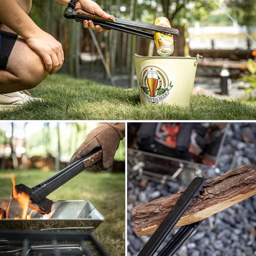 Campingmoon Lange Edelstahl Grillzange Grill und Kohlezange kaminzange Griff aus Palisanderholz Grill-Zubehör Aufhänge-Ösen 16-inch Length