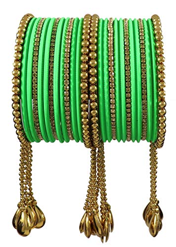 NMII Metal Base Metal Zircon Gemstone Studded Matte and Glossy Finished BallChain Linked Latkan Bangle set for Women and Girls, (T.Green_2.8_Inches), (Pack Of 26 Bangle set) Deal
